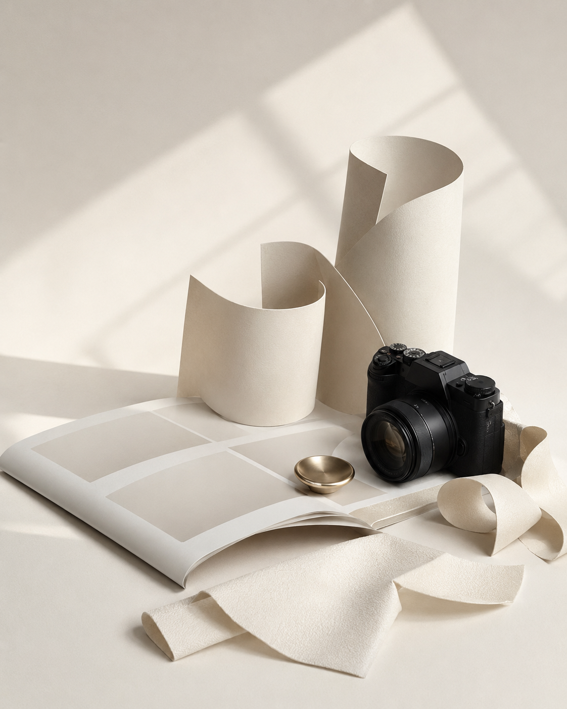 Editorial creative studio still life with a camera and sculptural paper